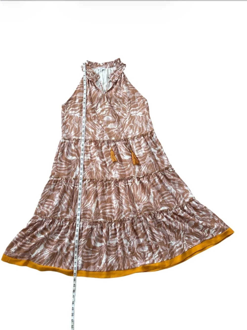 VOY Sleeveless Beige & Pink Patterned Midi Dress‎ with Yellow Trim Small